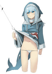 Rule 34 | 1girl, absurdres, blue eyes, blue hair, blue hoodie, blunt bangs, closed mouth, clothes lift, cropped legs, dismassd, fins, fish tail, fishing hook, fishing line, gawr gura, gawr gura (1st costume), highres, hololive, hololive english, hood, hood up, hoodie, hoodie lift, long hair, long sleeves, multicolored hair, navel, panties, shark tail, simple background, solo, streaked hair, tail, underwear, virtual youtuber, white background, wide sleeves