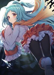 Rule 34 | 1girl, absurdres, ass, black pantyhose, blue hair, blush, boots, brown skirt, closed mouth, commentary, crystal, digital dissolve, frilled sleeves, frills, from behind, gurasion (gurasion), highres, holding, holding spoon, jacket, layered skirt, long hair, long sleeves, looking at viewer, looking back, miyako (princess connect!), orange scarf, pantyhose, pleated skirt, princess connect!, red eyes, scarf, shoe soles, skirt, sleeves past fingers, sleeves past wrists, solo, spoon, two side up, utensil in mouth, very long hair, white footwear, white jacket