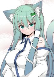 Rule 34 | 1girl, animal ears, breasts, cat ears, cat tail, closed mouth, commentary request, detached sleeves, frog hair ornament, green eyes, green hair, hair between eyes, hair ornament, hair tubes, highres, kemonomimi mode, kochiya sanae, large breasts, long hair, looking at viewer, snake hair ornament, solo, sunaguma, tail, touhou, upper body