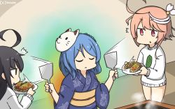 Rule 34 | 3girls, ^^^, ahoge, alternate costume, black hair, blue hair, blue kimono, commentary request, cowboy shot, dated, double bun, dress, floral print, food, fox mask, hair ornament, hamu koutarou, highres, hotplate, i-58 (kancolle), japanese clothes, kantai collection, kimono, long hair, mask, mask on head, mikazuki (kancolle), multiple girls, official alternate costume, okonomiyaki, one-hour drawing challenge, pink hair, plate, red eyes, short hair, spatula, standing, sweater, sweater dress, table, urakaze (kancolle), white sweater, yellow eyes, yukata