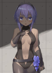 Rule 34 | 1girl, bare shoulders, belt, black gloves, blush, breasts, center opening, cowboy shot, dark skin, dark-skinned female, fate/grand order, fate/prototype, fate/prototype: fragments of blue and silver, fate (series), fingerless gloves, gloves, hair between eyes, hairband, hand on own chest, hassan of serenity (fate), highres, jonsun, leotard, looking at viewer, loose belt, medium breasts, nail polish, navel, open mouth, purple eyes, purple hair, short hair, solo, thigh gap, thighhighs