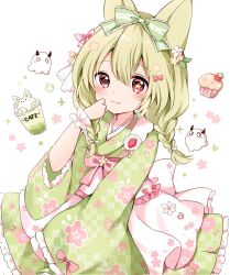 Rule 34 | 1girl, animal ears, blush, bow, braid, closed mouth, commentary, cupcake, floral print, flower, food, frilled kimono, frills, green bow, green kimono, hair between eyes, hair bow, hair flower, hair ornament, hand up, highres, japanese clothes, kimono, kokoshira 0510, light green hair, long sleeves, looking at viewer, original, pink bow, red eyes, sleeves past wrists, smile, solo, symbol-only commentary, twin braids, white background, wide sleeves, wrist cuffs