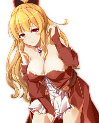 Rule 34 | 1girl, bare legs, bare shoulders, blonde hair, blush, breasts, bridal gauntlets, cleavage, closed mouth, female focus, granblue fantasy, hand up, highres, jewelry, large breasts, leaning, leaning forward, legs, long hair, long sleeves, looking at viewer, mellow, necklace, pink eyes, ponytail, simple background, skirt, smile, solo, strapless, vira (granblue fantasy), white background, white skirt
