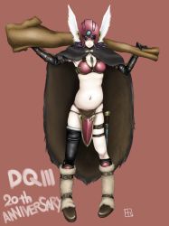 Rule 34 | 1girl, anniversary, asymmetrical clothes, bikini, brown background, cape, chunsoft, copyright name, dragon quest, dragon quest iii, enix, head wings, helm, helmet, koogen pooku, single thighhigh, soldier (dq3), solo, square enix, swimsuit, thighhighs, wings