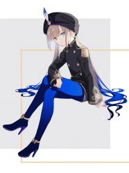 Rule 34 | arm support, black headwear, blue hair, blue pantyhose, buttons, captain nemo (fate), commentary request, crossed legs, double-breasted, fate/grand order, fate (series), from side, gender request, gradient hair, grey background, high heels, highres, long hair, long sleeves, looking at viewer, multicolored hair, nemo (fate), nonono (nononotea), pantyhose, shorts, sitting, turban, twintails, two-tone background, white background