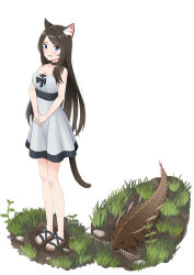 Rule 34 | 1girl, :d, absurdres, aina (mao lian), animal ear fluff, animal ears, animal request, bare arms, bare shoulders, black choker, black sash, blue eyes, blush, breasts, brown hair, cat ears, cat tail, choker, cleavage, grass, highres, large breasts, long hair, looking at viewer, mao lian (nekokao), open mouth, original, parted lips, sandals, sash, simple background, smile, solo, standing, tail, white background