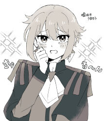 Rule 34 | 1boy, ascot, asticassia school uniform, blush, earrings, elan ceres, greyscale, gundam, gundam suisei no majo, hair between eyes, hand on own cheek, hand on own face, high collar, highres, jacket, jewelry, long sleeves, looking at viewer, male focus, monochrome, omu (om 0m3), open mouth, school uniform, short hair, simple background, solo, sparkle background, tearing up, upper body