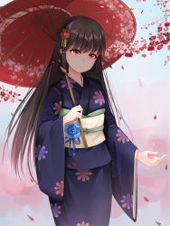 Rule 34 | 1girl, bad id, bad pixiv id, black hair, black kimono, commentary request, cowboy shot, fengli (709622571), floral print, flower, gradient background, hair flower, hair ornament, head tilt, highres, holding, holding umbrella, japanese clothes, kimono, long hair, long sleeves, looking away, looking down, obi, oil-paper umbrella, original, outstretched hand, parted lips, petals, print kimono, red eyes, sash, solo, straight hair, umbrella, very long hair, wide sleeves