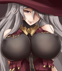 Rule 34 | 10s, 1girl, akatsuki akane, bare shoulders, breasts, covered erect nipples, granblue fantasy, grey eyes, hair over one eye, hat, huge breasts, long hair, looking at viewer, magisa (granblue fantasy), silver hair, simple background, smile, solo, upper body, witch hat