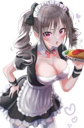 Rule 34 | 1girl, :o, apron, black bow, black dress, black wristband, blush, bow, breasts, cleavage, collarbone, commentary request, dress, drill hair, food, frilled dress, frills, grey hair, hair bow, hand on own hip, haruki (haruki678), heart, highres, holding, holding plate, idolmaster, idolmaster cinderella girls, kanzaki ranko, large breasts, maid, maid apron, maid headdress, medium hair, plate, red eyes, sidelocks, simple background, solo, thighhighs, twin drills, white apron, white background, white headwear, white thighhighs