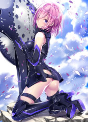 Rule 34 | 1girl, ass, bad id, bad pixiv id, bare shoulders, body armor, boots, breasts, cloud, cloudy sky, commentary request, day, elbow gloves, fate/grand order, fate (series), gloves, hair between eyes, highres, knee boots, kneeling, kobayashi chisato, looking at viewer, mash kyrielight, medium breasts, petals, purple eyes, purple hair, shield, short hair, sky, solo