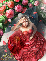 Rule 34 | 2girls, bare arms, bare shoulders, blonde hair, bush, cloak, copyright name, covering face, detached sleeves, dress, fantasy, flower, from above, hand on own hip, legend of the cryptids, lens flare, lips, looking up, multiple girls, own hands together, petals, plant, red dress, robe, rose, rose petals, shade, smile, solo focus, strapless, strapless dress, sunlight, v arms, yuizoh