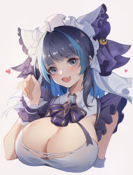 Rule 34 | 1girl, absurdres, azur lane, black hair, breasts, cheshire (azur lane), chinese commentary, cleavage, cleavage cutout, clothing cutout, colored inner hair, commentary request, cropped torso, fang, green eyes, green hair, head tilt, heart, highres, large breasts, looking at viewer, maid headdress, multicolored hair, open mouth, simple background, skin fang, solo, streaked hair, two-tone hair, white background, wrist cuffs, yuuri vv