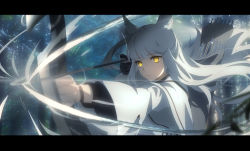 Rule 34 | 1girl, aiming, animal ear fluff, animal ears, arknights, arrow (projectile), aura, black gloves, blunt bangs, blurry, bow (weapon), closed mouth, coat, dadijiji, day, depth of field, drawing bow, expressionless, forest, gloves, highres, holding, holding bow (weapon), holding weapon, horse ears, letterboxed, long hair, nature, outdoors, platinum (arknights), quiver, silver hair, single glove, solo, upper body, weapon, white coat, yellow eyes