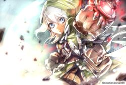 Rule 34 | 1girl, battle chasers, blonde hair, brown gloves, cape, closed mouth, gauntlets, gloves, green eyes, gully (battle chasers), highres, hood, hoodie, long hair, looking at viewer, mineta naoki, solo