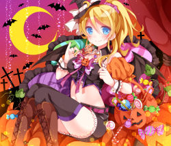 Rule 34 | 10s, 1girl, ayase eli, bat (animal), bat wings, black thighhighs, blonde hair, blue eyes, boots, candy, candy cane, crescent, crescent moon, cross, detached collar, food, halloween, hat, holding, jack-o&#039;-lantern, lollipop, long hair, looking at viewer, love live!, love live! school idol festival, love live! school idol project, mogu (au1127), moon, navel, ponytail, sitting, smile, solo, thighhighs, wings, witch hat, wrist cuffs