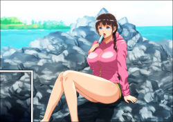 Rule 34 | 1girl, bare legs, blue eyes, braid, breasts, brown hair, cloud, day, female focus, food, hand up, highres, holding, holding food, holding ice cream, hood, hooded jacket, hoodie, ice cream, jacket, kamakiri (kamakiri farm), knees together feet apart, large breasts, legs, licking, looking away, ocean, open mouth, original, outdoors, pink jacket, popsicle, rock, short shorts, shorts, sitting, sky, solo, thighs, twin braids, water, zipper