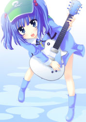 Rule 34 | 1girl, blue eyes, blue hair, electric guitar, female focus, guitar, hair bobbles, hair ornament, hat, instrument, kawashiro nitori, key, looking at viewer, matching hair/eyes, music, open mouth, playing instrument, saki chisuzu, short hair, solo, touhou, twintails, two side up