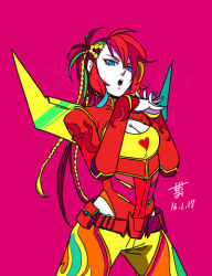 Rule 34 | 1girl, autobot, belt, blue eyes, breasts, cleavage, cleavage cutout, clothing cutout, gender request, genderswap, long hair, medium breasts, personification, red hair, rodimus, solo, transformers