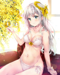 Rule 34 | 1girl, bare arms, bare shoulders, blush, bow, bow bra, bra, breasts, cleavage, closed mouth, collarbone, commentary request, couch, flower, green eyes, grey hair, groin, hair flower, hair ornament, indoors, long hair, medium breasts, mimosa (flower), navel, on couch, original, panties, signature, sitting, smile, solo, suihi, underwear, underwear only, very long hair, white bra, white panties, yellow flower