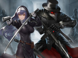 Rule 34 | 1girl, 5boys, armor, assault rifle, battle, blue hair, breasts, city, commentary request, cross, cross necklace, finger on trigger, gloves, gun, habit, hat, hiyashiru, holding, holding gun, holding knife, holding sword, holding weapon, impossible clothes, jewelry, juliet sleeves, katana, knife, large breasts, long hair, long sleeves, multiple boys, necklace, nun, original, pantyhose, plague doctor mask, puffy sleeves, reverse grip, rifle, side slit, skin tight, sword, unsheathed, weapon, white gloves, yellow eyes
