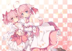 Rule 34 | 10s, 2girls, ahoge, bare shoulders, bubble skirt, checkered background, choker, color connection, crossover, dog days, dog girl, gloves, highres, holding hands, kaname madoka, kyubey, look-alike, magical girl, mahou shoujo madoka magica, mahou shoujo madoka magica (anime), millhiore f. biscotti, multiple girls, north abyssor, petals, pink eyes, pink hair, pink theme, puffy sleeves, purple eyes, short hair, skirt, white gloves