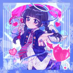 Rule 34 | 1girl, animification, arrow (projectile), black eyes, blue bow, blue jacket, blue nails, blue skirt, blush, bow, braid, collared shirt, finger gun, hair bow, halo, heart, highres, ive (group), jacket, k-pop, love dive (ive), multicolored nails, nail polish, necktie, o bianyi didi shu o, pleated skirt, puckered lips, purple nails, real life, red necktie, rei (ive), shirt, skirt, solo, twin braids, white shirt