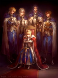 Rule 34 | 10s, 1girl, 4boys, armor, armored dress, artoria pendragon (all), artoria pendragon (fate), bedivere (fate), berserker (fate/zero), book, braid, caliburn (fate), crown, fate/extra, fate/stay night, fate/zero, fate (series), gawain (fate), gorget, hair between eyes, highres, kanmuri (hanyifan30338), knight, multiple boys, own hands together, planted, planted sword, planted weapon, saber (fate), sheath, sheathed, sitting, sword, throne, wavy hair, weapon