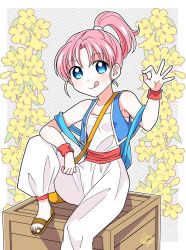 Rule 34 | 1girl, blue eyes, breasts, dragon quest, dragon quest iii, flower, looking at viewer, merchant (dq3), ok sign, ouba reiya, pink hair, ponytail, short hair, smile, solo, toeless footwear, wristband