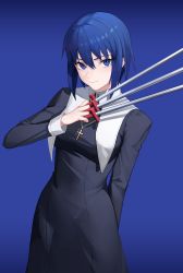 Rule 34 | 1girl, absurdres, arm behind back, between fingers, black dress, black keys (type-moon), blue background, blue eyes, blue hair, ciel (tsukihime), closed mouth, commentary, cross, cross necklace, dress, drid, english commentary, habit, highres, holding, holding sword, holding weapon, jewelry, latin cross, long sleeves, looking at viewer, necklace, nun, short hair, simple background, smile, solo, sword, traditional nun, tsukihime, tsukihime (remake), weapon