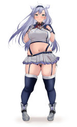 Rule 34 | 1girl, absurdres, ahoge, black panties, blue thighhighs, blush, boots, breasts, closed mouth, commentary request, contrapposto, dot nose, full body, garter straps, gloves, green eyes, grey footwear, hair between eyes, hair intakes, hairband, highres, large breasts, light purple hair, long hair, looking at viewer, midriff, miniskirt, muffin top, navel, neneneji, panties, pleated skirt, plump, red neckwear, rokudenashi majutsu koushi to akashic record, shadow, short sleeves, side-tie panties, silver hair, simple background, single glove, sistine fibel, skindentation, skirt, smile, solo, standing, straight-on, string panties, sweatdrop, thick thighs, thighhighs, thighs, underwear, white background, white thighhighs, wrist cuffs, zettai ryouiki
