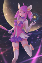 Rule 34 | 1girl, ahoge, alternate costume, alternate hair color, alternate hairstyle, ankle wings, blush, boots, breasts, choker, elbow gloves, gloves, gradient background, highres, jay xu, league of legends, lux (league of legends), magical girl, moon, pink hair, purple eyes, sailor collar, sidelocks, skirt, small breasts, smile, solo, star (symbol), star guardian (league of legends), star guardian lux, thigh boots, thighhighs, tiara, twintails, wand, white gloves, wings