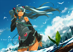 Rule 34 | 1girl, ahoge, aqua eyes, aqua hair, bird, blue sky, blurry, building, cable, cityscape, cloud, day, depth of field, detached sleeves, english text, from below, hatsune miku, headphones, long hair, necktie, pleated skirt, senri gan, skirt, sky, skyscraper, solo, tattoo, thighhighs, twintails, vocaloid, wading, water, wind