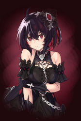 Rule 34 | 1girl, ahoge, arm grab, arm under breasts, bare shoulders, black dress, black gloves, black hair, blush, breasts, center frills, chain, closed mouth, collarbone, commentary request, dress, frills, gloves, hair between eyes, hair ornament, highres, honkai (series), honkai impact 3rd, keyhole, looking at viewer, medium breasts, multicolored hair, ponta (velmar), red eyes, red hair, seele (alter ego), seele vollerei, seele vollerei (stygian nymph), sleeveless, sleeveless dress, smile, solo, two-tone hair