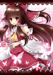 Rule 34 | 1girl, ascot, blush, border, bow, brown hair, bug, butterfly, checkered background, detached sleeves, female focus, hair bow, hair tubes, hakurei reimu, highres, insect, japanese clothes, lace, lace border, long hair, miko, ofuda, orange eyes, ornate border, rokutelie, skirt, skirt set, solo, touhou