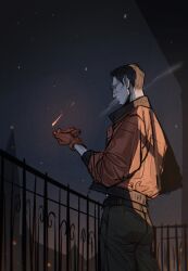 1boy balcony black_pants cheekbones cowboy_shot disco_elysium glasses gloves highres holding_matchstick jacket kim_kitsuragi male_focus night nyeigneous orange_jacket outdoors pants railing short_hair smoking solo star_(sky)