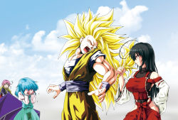 Rule 34 | 1boy, 3girls, abas, abs, ahoge, angry, big hair, black dress, blue eyes, blue hair, blue skirt, blue sky, blue vest, breasts, cloud, constricted pupils, covering face, crying, day, detached sleeves, distant, dragon ball, dragonball z, dress, flying sweatdrops, grabbing another&#039;s hair, gradient eyes, gradient hair, hair over shoulder, hands on own hips, highres, hijiri byakuren, juliet sleeves, kamishima kanon, karakasa obake, large breasts, leotard, long hair, long sleeves, looking at another, looking to the side, manly, motion lines, multicolored eyes, multicolored hair, multiple girls, muscular, no eyebrows, nontraditional miko, one eye closed, open hands, open mouth, pants, pee stain, puffy long sleeves, puffy sleeves, purple eyes, purple hair, ribbon-trimmed clothes, ribbon-trimmed sleeves, ribbon trim, screaming, sendai hakurei no miko, short hair, skirt, sky, sleeveless, son goku, super saiyan, super saiyan 3, sweatdrop, tatara kogasa, taut clothes, teeth, toned, tongue, touhou, turtleneck, umbrella, very long hair, vest, white dress, wristband, yellow eyes