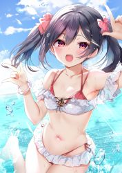 Rule 34 | 1girl, :d, arm up, armpits, ayuma sayu, bare shoulders, bikini, black hair, breasts, cloud, commentary request, cowboy shot, day, hair between eyes, halterneck, hand up, highres, long hair, looking at viewer, love live!, love live! school idol project, navel, ocean, off-shoulder bikini, off shoulder, open mouth, outdoors, red bikini, red eyes, side-tie bikini bottom, sidelocks, sky, small breasts, smile, solo, stomach, swimsuit, twintails, wet, yazawa nico