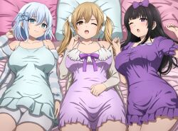 3girls ;o bang_dream! bare_legs bare_shoulders bed_sheet black_hair blonde_hair blue_eyes blunt_bangs bow breasts brown_eyes dress frilled_shirt frills fur-trimmed_shorts fur_trim grey_hair hair_between_eyes hair_bow hair_ornament head_on_pillow highres ichigaya_arisa kurata_mashiro large_breasts long_hair long_sleeves looking_at_viewer lying multiple_girls noshimurin one_eye_closed pajamas pillow puffy_short_sleeves puffy_sleeves purple_dress purple_eyes shirokane_rinko shirt short_hair short_sleeves shorts sleeveless twintails upper_body white_hair