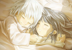 Rule 34 | 2boys, alluka zoldyck, androgynous, bad id, bad pixiv id, black hair, brothers, dollyly21, closed eyes, hunter x hunter, killua zoldyck, multiple boys, siblings, sleeping, smile, trap, under covers, white hair, aged down