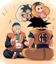 Rule 34 | +++, 1girl, 2boys, :d, ^ ^, baby, beige background, black eyes, black hair, blush, carrying, chinese clothes, clenched hands, closed eyes, clothes writing, cup, dougi, dragon ball, dragon ball (classic), dragon ball super, dragonball z, facial hair, facing away, full body, gradient background, grandfather and granddaughter, grandfather and grandson, grandpa gohan, halo, happy, hat, high ponytail, highres, holding, holding cup, imagining, indian style, looking away, lying, mattari illust, multiple boys, mustache, no nose, on bed, open mouth, outstretched arms, pan (dragon ball), playing, ponytail, simple background, sitting, smile, son goku, speech bubble, spiked hair, steam, table, talking, thick eyebrows, twitter username, white background, wristband