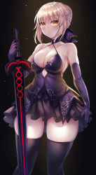 Rule 34 | 1girl, absurdres, artoria pendragon (all), artoria pendragon (fate), bare shoulders, black dress, black thighhighs, blonde hair, braid, breasts, cleavage, collarbone, dress, excalibur morgan (fate), fate/stay night, fate (series), french braid, highres, large breasts, long hair, looking at viewer, nano (syoutamho), saber alter, short dress, sword, thighhighs, thighs, weapon, yellow eyes