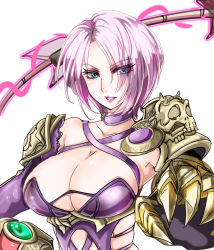 Rule 34 | 1041 (toshikazu), 1girl, aqua eyes, armor, breasts, cleavage, collar, collarbone, commentary request, eyes visible through hair, gauntlets, gloves, hair over one eye, isabella valentine, large breasts, makeup, pauldrons, revealing clothes, short hair, shoulder armor, silver hair, single gauntlet, solo, soul calibur, sword, weapon, whip, whip sword