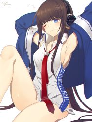 Rule 34 | 1girl, arm up, armpits, azur lane, bad id, bad pixiv id, blue eyes, blush, breasts, brown hair, commentary request, fucodoku, headphones, long hair, long island (azur lane), long sleeves, medium breasts, necktie, one eye closed, remodel (azur lane), sleeves past wrists, solo, very long hair, white background