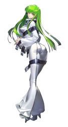 Rule 34 | 1girl, all fours, ass, ass focus, belt, bent over, bodysuit, c.c., code geass, code geass: genesic re;code, female focus, floating hair, from behind, green hair, highres, long hair, looking at viewer, looking back, official art, parted lips, smile, solo, white bodysuit, yellow eyes