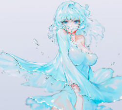 Rule 34 | 1girl, bare shoulders, blue dress, blue eyes, blue hair, blue theme, breasts, cleavage, closed mouth, collarbone, commentary, cowboy shot, dress, english commentary, expressionless, grey background, hair over mouth, highres, kisei2, liquid, liquid clothes, liquid hair, long hair, long sleeves, looking at viewer, medium breasts, off shoulder, original, simple background, solo, water, wide sleeves