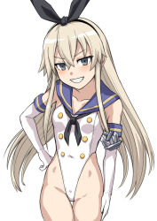 Rule 34 | 1girl, adapted costume, anchor hair ornament, black neckerchief, blonde hair, blue sailor collar, buttons, commentary request, cowboy shot, elbow gloves, gloves, grey eyes, grin, hai (h81908190), hair ornament, highleg, highleg leotard, kantai collection, leotard, long hair, neckerchief, sailor collar, shimakaze (kancolle), simple background, smile, solo, white background, white gloves, white leotard
