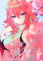 Rule 34 | 1girl, animal ears, bad id, bad pixiv id, bare shoulders, blue sky, blurry, breasts, cherry blossoms, commentary request, dangle earrings, day, depth of field, earrings, fox ears, genshin impact, hair between eyes, hakama, highres, japanese clothes, jewelry, light smile, long hair, long sleeves, looking at viewer, medium breasts, miko, obeycat, outdoors, pendant, petals, pink hair, priestess, purple eyes, red hakama, ribbon-trimmed sleeves, ribbon trim, sky, solo, upper body, wide sleeves, yae miko