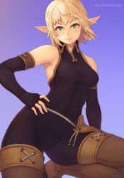 Rule 34 | 1girl, armpits, bare shoulders, black eyes, blonde hair, boots, breasts, brown thighhighs, covered navel, elbow gloves, elf, evangelyne (wakfu), fingerless gloves, freckles, gloves, green eyes, hand on own hip, highres, lips, looking at viewer, medium breasts, pointy ears, short hair, skin tight, smile, solo, thigh boots, thighhighs, unsomnus, wakfu