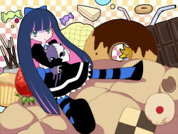 Rule 34 | 10s, 2girls, bread, candy, checkerboard cookie, chocolate, chocolate bar, cookie, doughnut, drinking straw, food, fruit, inui nagi, long hair, melon bread, multicolored hair, multiple girls, official style, oreo, panty &amp; stocking with garterbelt, panty (psg), pocky, stocking (psg), strawberry, striped clothes, striped legwear, striped thighhighs, thighhighs